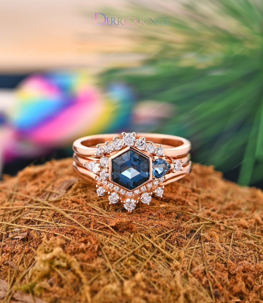 Personalized Wedding Ring Set, Handmade 3PCS Ring, 6x6mm Hexagon Cut