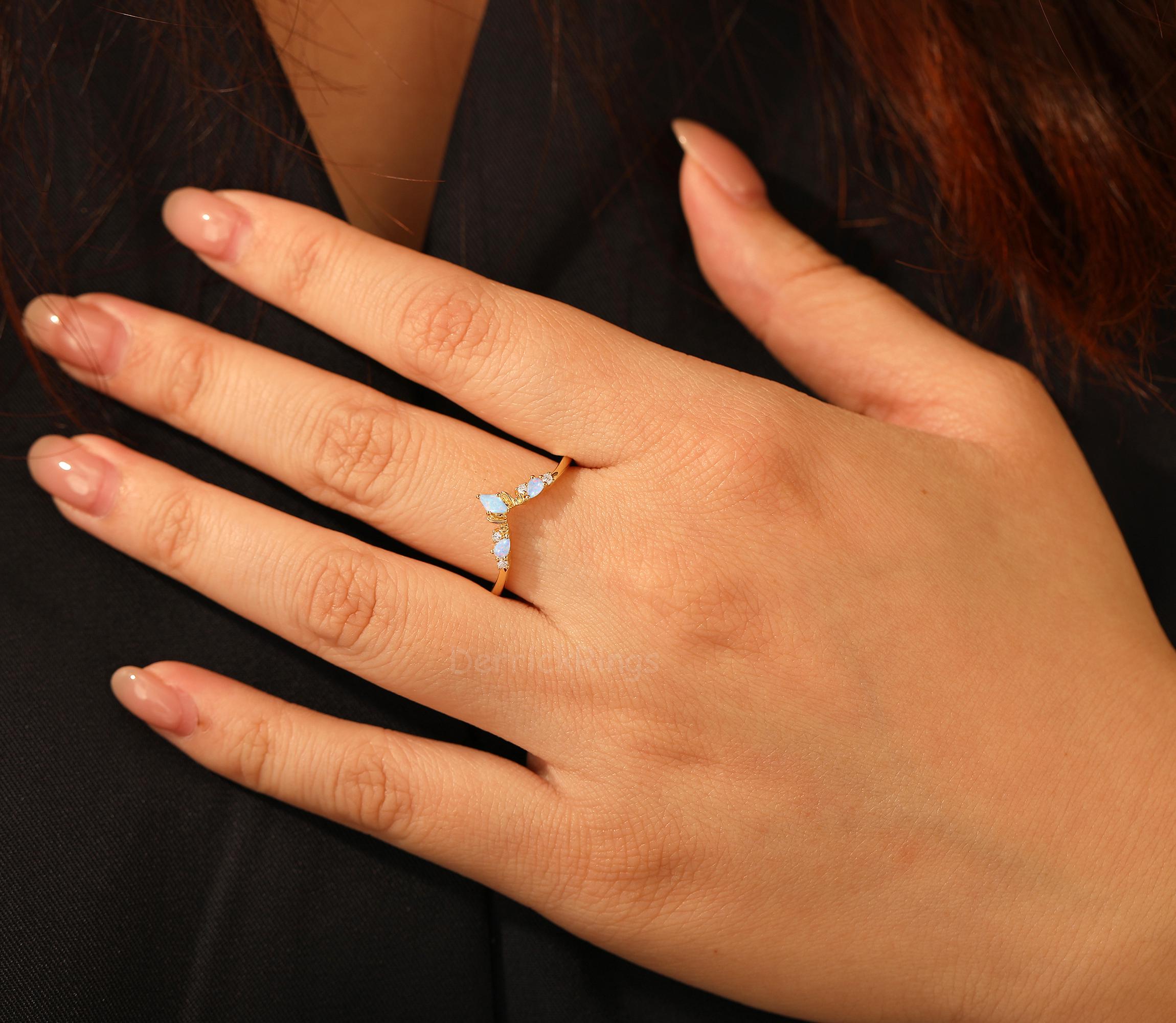 Matching Opsite Rings Opal Moissanite Wedding Ring, Yellow Gold October Birthstone Ring, Opal ...