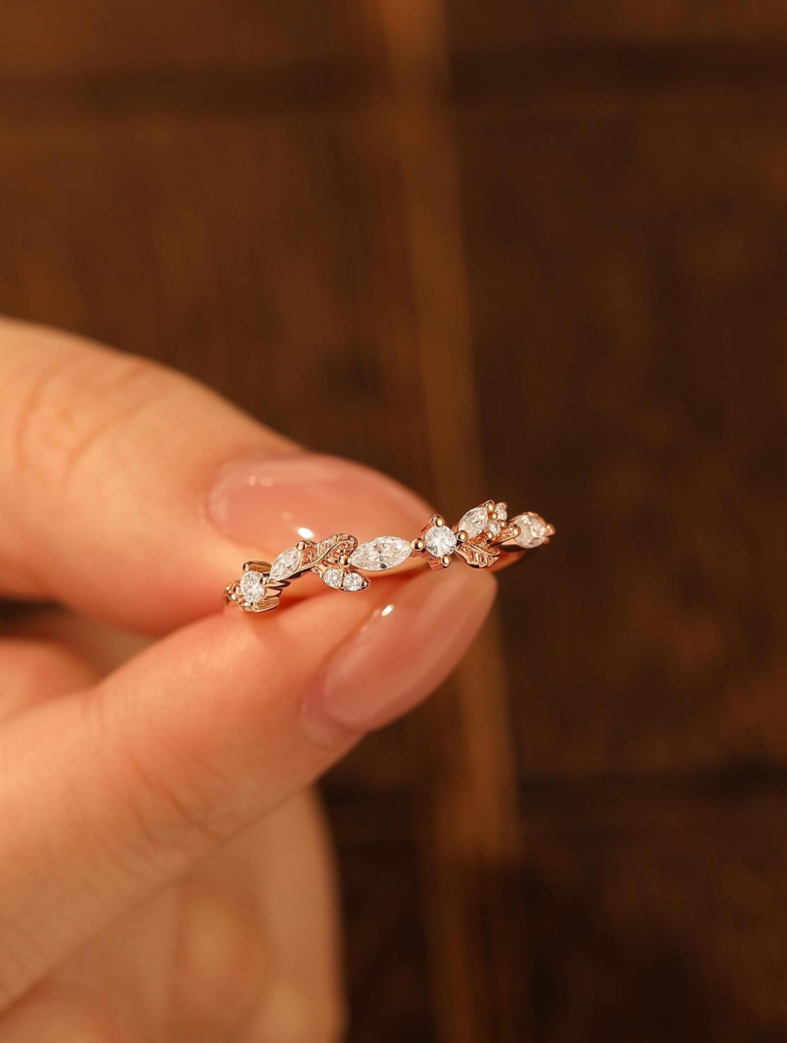Nature Inspired Leaf Vine Moissanite Wedding Band, Rose Gold Marquise Moissanite Matching Ring, Delicate Engagement Ring For Women