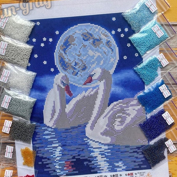 Swans MOON LAKE Bead Embroidery kit DIY Beadwork painting set Birds Blue night