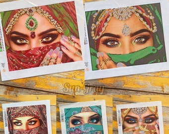 Bead Needlepoint Kit MAGIC EYES, Beaded Stitching Stamped Art for Beginners, DIY Picture Mystery Middle Eastern Woman