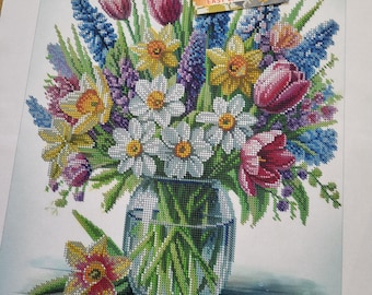 Spring Flowers Bead Embroidery Kit on Gabardine Canvas, DIY Beadwork, Needlework Beading