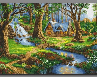 Bead Embroidery Kit LARGE picture House in the woods FULL beaded stitch Pre-stamped Needlepoint kit Design