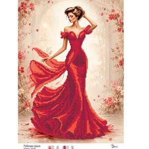 May include: A pixelated art print featuring a figure in a vibrant red off-the-shoulder gown with a flowing skirt. The design is surrounded by delicate pink floral accents. Text at the bottom reads "Рубінова грація DANA-3728" with a colour key.