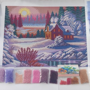Full Bead Embroidery Kit – Purple Winter Landscape – DIY Beaded Cross Stitch Set – Snowy Cabin Beading Kit – Handmade Wall Art Craft Gift