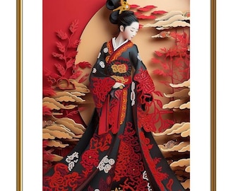 Borduurpakket geishakralen – Oosterse kralenkunst, Japanse vrouw doe-het-zelf kralen, elegante afbeelding met kralen