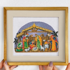 Nativity Scene Cross stitch kit. Christmas Cross Stitch Pattern with Floss. Cross-stitch kit on Aida 16 count canvas.