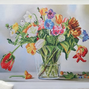 春の花のビーズ刺繍キット チェコビーズ使用 DIY ビーズの花柄壁掛けアート 大人向け