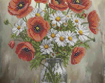 Poppies and Daisies Bead Embroidery Kit, DIY Bead Kit Flowers, Floral Needlework Craft