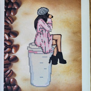 Bead embroidery kit Girl with Coffee. Beaded Cross Stitch DIY - Complete Kit - Design for Embroidery with Beads