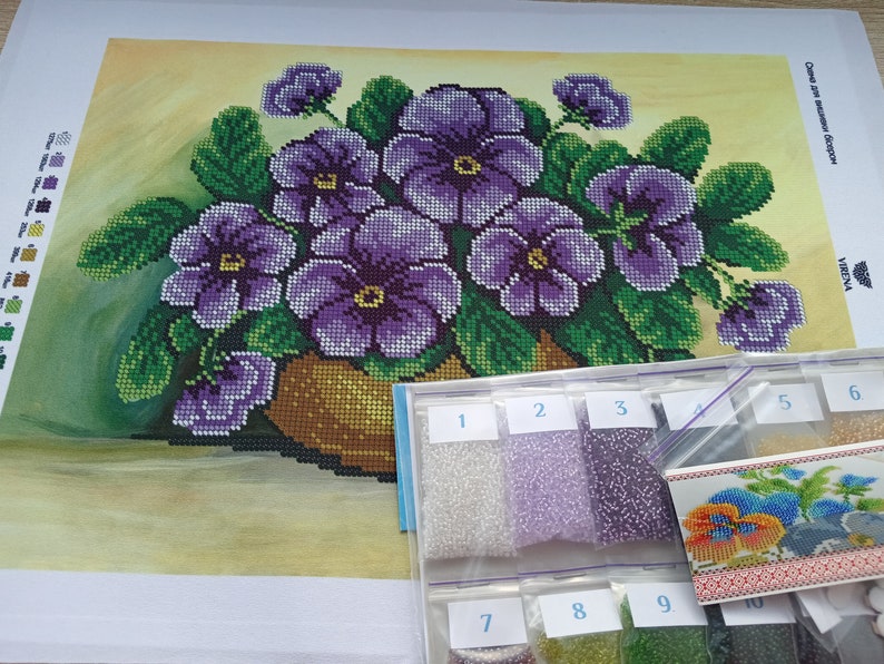 Bead embroidery kit picture Flowers Violets Needlepoint Beaded Stitching Beaded Pattern 3d embroidery kit
