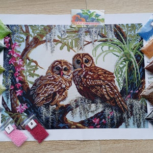 Bead Embroidery kit Owls DIY Needlepoint Beading Beadwork Wall Decor