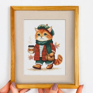 Cat with Coffee Cross-Stitch Kit: Cozy Autumn Embroidery
