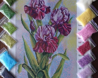 FULL Bead embroidery kit picture Flowers Iris Needlepoint Spring Flowers Branches Beaded Cross Stitch Beaded Pattern 3d embroidery kit