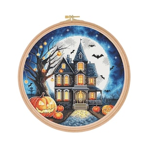 Halloween Cross stitch kit. Embroidery Pattern with Floss. Halloween Night Cross-stitch kit on Aida 16 count canvas.