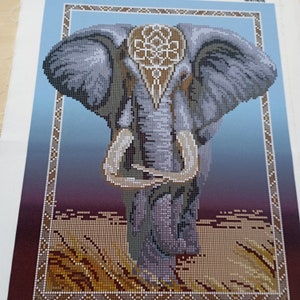 Può includere: Primo piano di un elefante grigio con un disegno di mandala sulla fronte. L'elefante è in piedi su uno sfondo a motivi marroni e dorati.