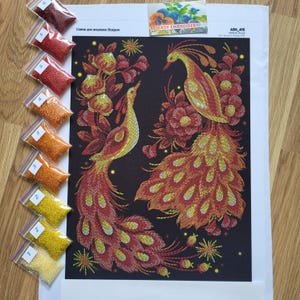 May include: Diamond painting kit featuring two peacocks with red, yellow, and orange feathers. The kit includes a black canvas, pre-sorted rhinestones, and instructions. The kit is labeled "ASH-415".