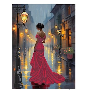 Rainy City Lady Bead Embroidery Kit Romantic Street Lights DIY Needlework Artwork