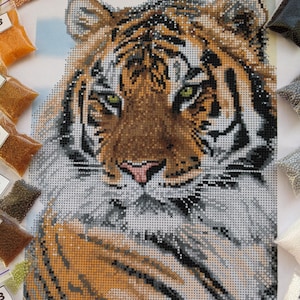 Tiger Bead embroidery kit DIY painting. Beaded cross stitch Needlepoint kit. Needlework craft kit