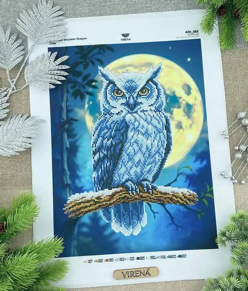Blue Owl Bead Embroidery Kit – DIY Beading Kit – Art Needlepoint Set – Gift Beaded
