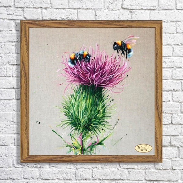 Bead embroidery kit THISTLE and BEE. DIY Needlepoint Picture with Beads. Beaded Pattern 3d embroidery kit