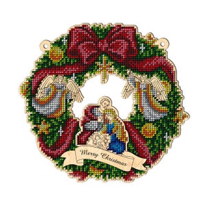 DIY-kerstkrans van kralen op een houten blanco borduurpakket Vrolijk kerstfeest met kralen