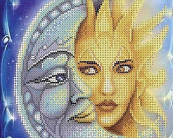 Sun and Moon Bead Embroidery kit Needlepoint kit Modern needlework Beadpoint pattern Seed Beads