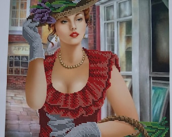 Elegant Lady Bead Embroidery Kit – Victorian Woman with Flowers – DIY Beaded Cross Stitch