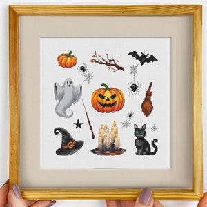 Cross stitch kit Halloween Sampler. Embroidery Pattern with Floss. Halloween Cross-stitch kit on Aida 16 count canvas.