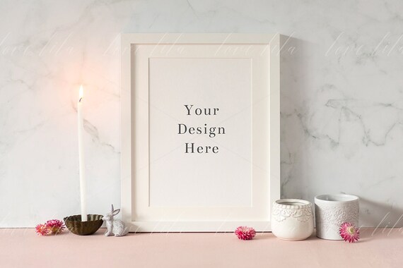 Portrait Frame Mockup On Pink And Marble Background
