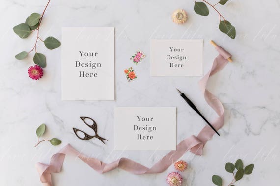 Three Piece Wedding Stationery Flatlay Stationery Mockup