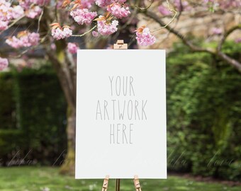 Download Free Portrait Sign on Easel Stock Photograph | Wedding Sign Mockup with Blossoms | High Quality Stock Photography | A1, A2, A3, Digital Download PSD Template