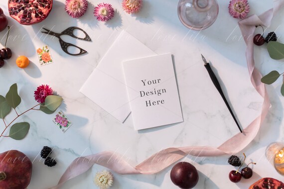 Card Mockup Flowers And Ribbons Styled Stock