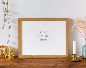 Download Free Horizontal Frame Stock | Wooden Frame Mockup With Vase and Candle | Digital Frame | Jpeg + Png + Psd PSD Template