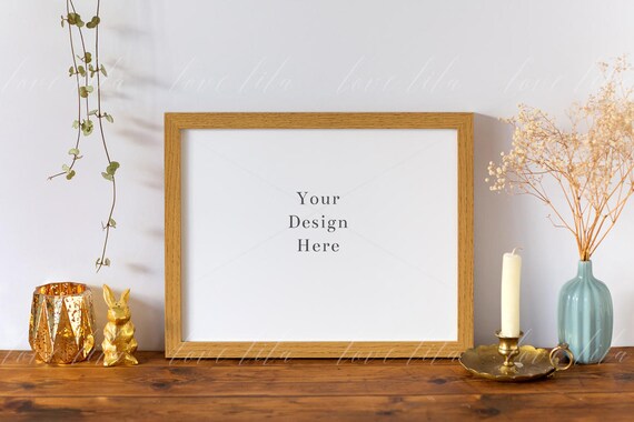 Horizontal Frame Stock Wooden Frame Mockup With Vase Horizontal Frame Stock Wooden Frame Mockup With Vase