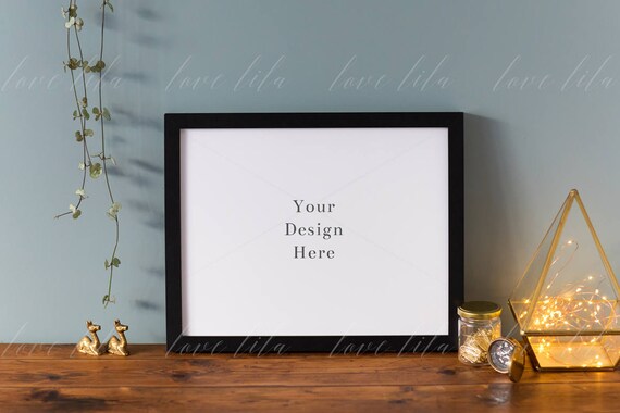 Landscape Black Frame On Blue Background  Frame Mockup