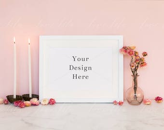 Download Landscape Frame Mockup On Pink Background Your Art Here Ambient Frame Stock With Candles Jpeg Png Psd Design Mockups Templates Free PSD Mockup Templates
