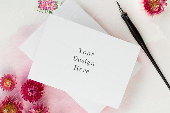 Watercolour Stock Photo White Card Mockup With Envelope
