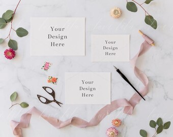 Download Free Three Piece Wedding Stationery Flatlay Landscape Card Stock Stationery Mockup A5 5x7 And A6 Card Mockup Jpg Png Psd Template Mockup Free Psd PSD Mockup Template
