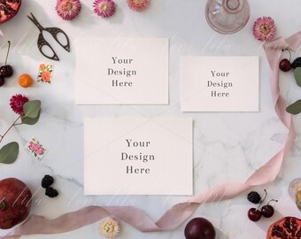 Download Free Horizontal Wedding Stationery Mockup A5, 5x7 and A6 Cards | Stationery Flat Lay | Wedding Stationery Stock Photo | Jpg + Png + Psd PSD Template