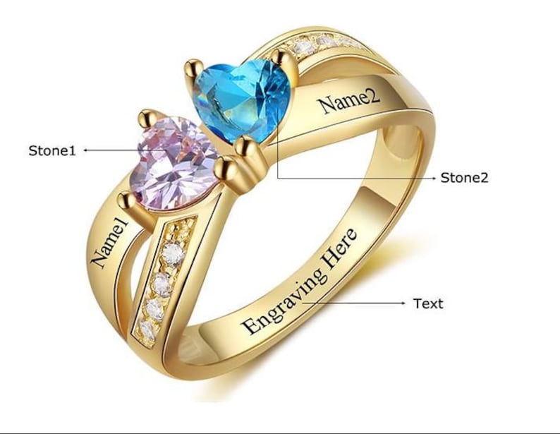 Mothers Ring Custom Engraved 2 Heart Birthstones 24k Gold ip Etsy