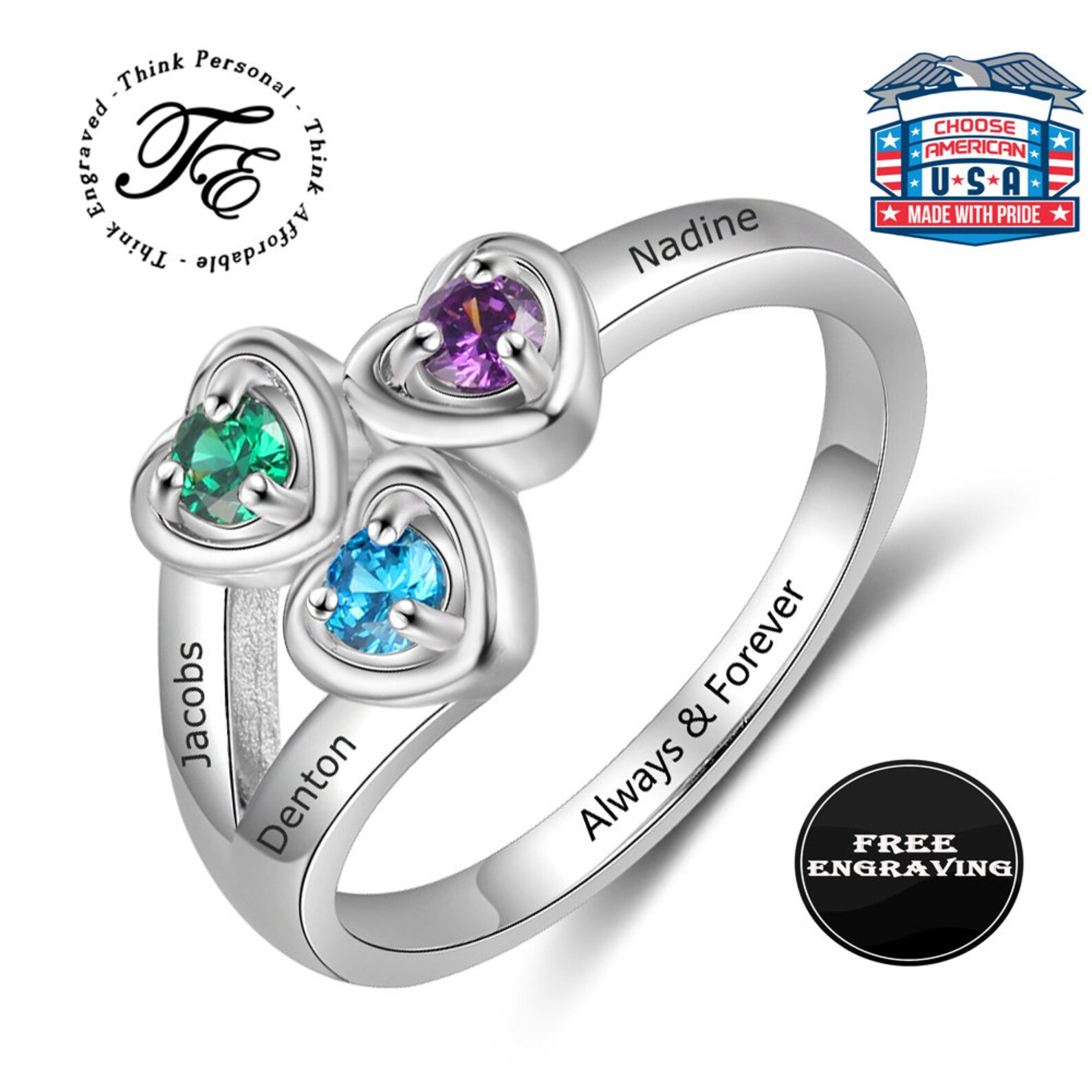 Mothers Ring 3 Stone 3 Name Engraved Family Ring 3 Stone Etsy