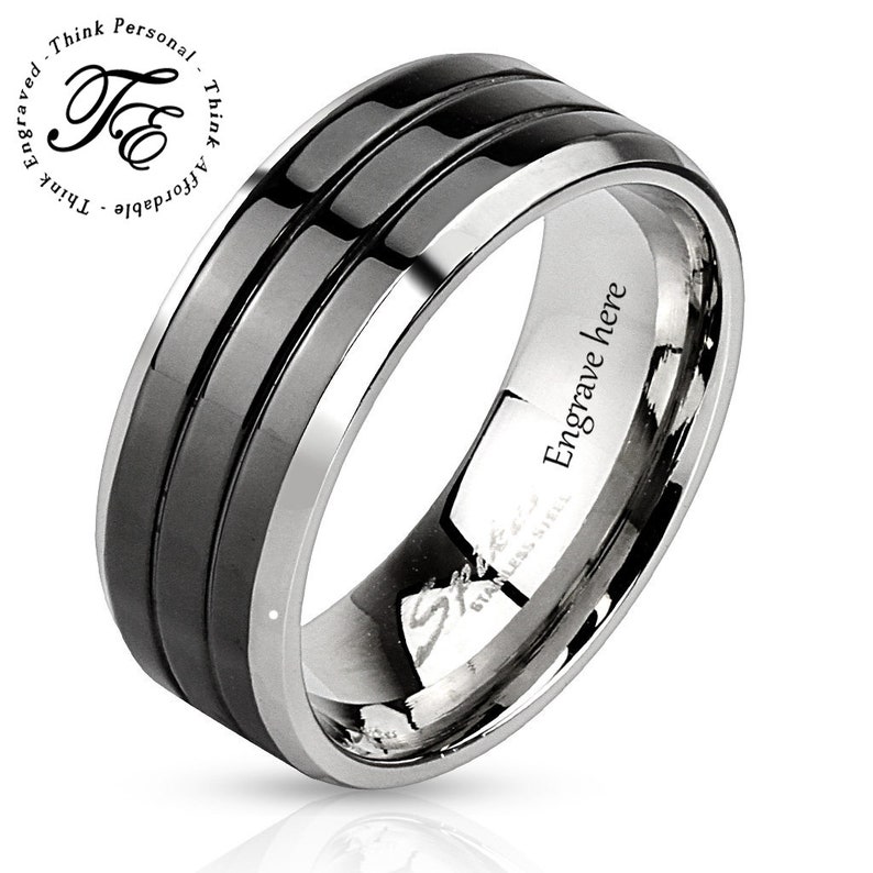 Mens Promise Ring Engraved Black Triple Line Etsy UK
