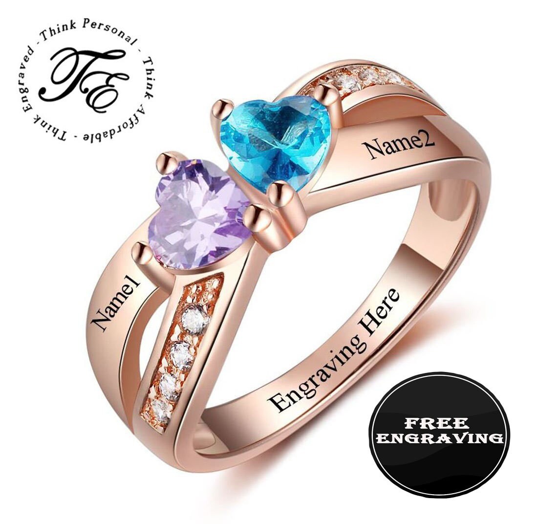 Custom Promise Ring Girls 14k Rose Gold IP 2 Hearts Birthstone Etsy