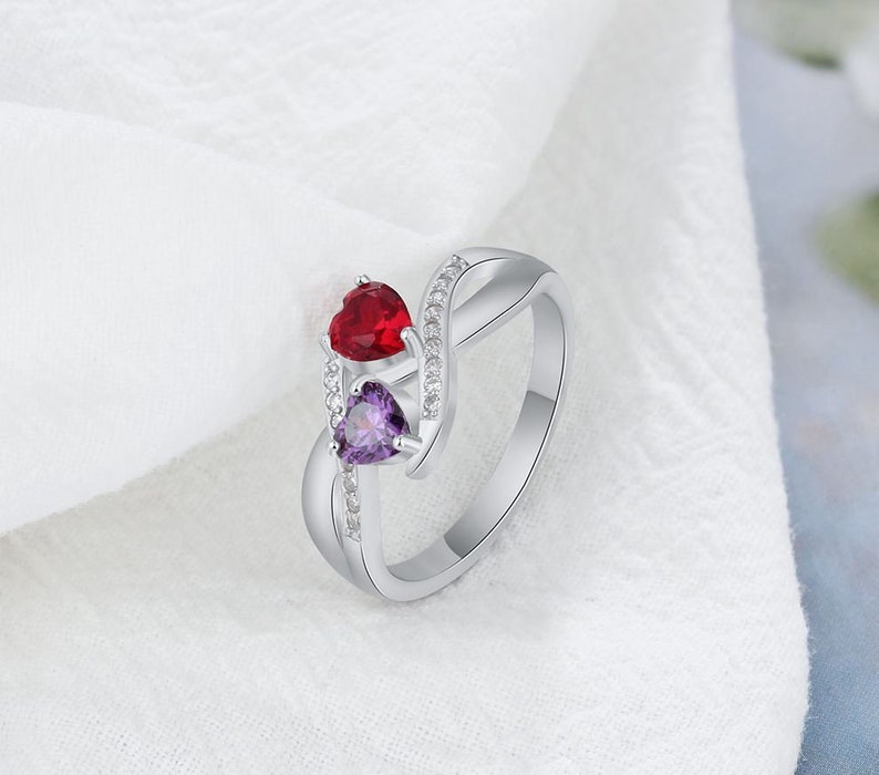 Mothers Ring 2 Stone Personalized Engraved 2 Birthstone Circled Hearts