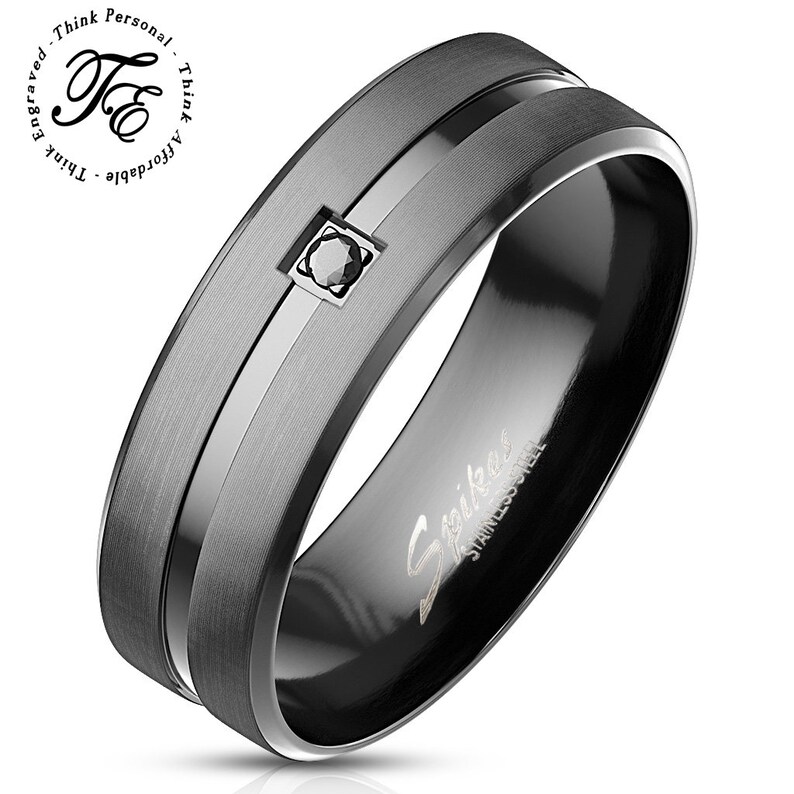 Mens Promise Ring Engraved Matte Black With Black Gem Etsy