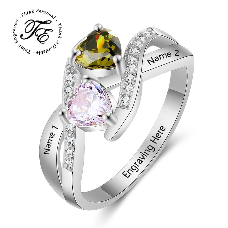 Mothers Ring 2 Stone Personalized Engraved 2 Birthstone Circled Hearts