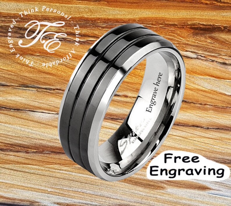 Mens Promise Ring Engraved Black Triple Line Etsy UK