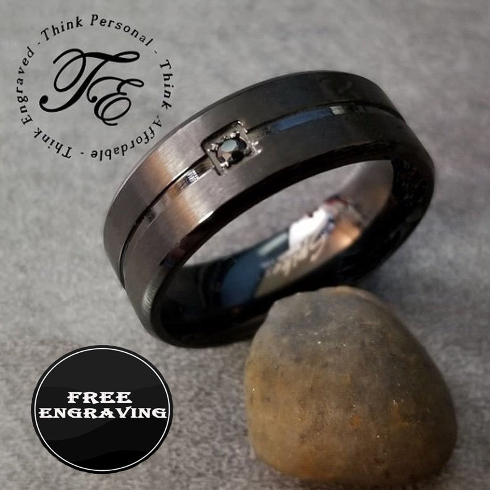 Mens Promise Ring Engraved Matte Black With Black Gem Etsy