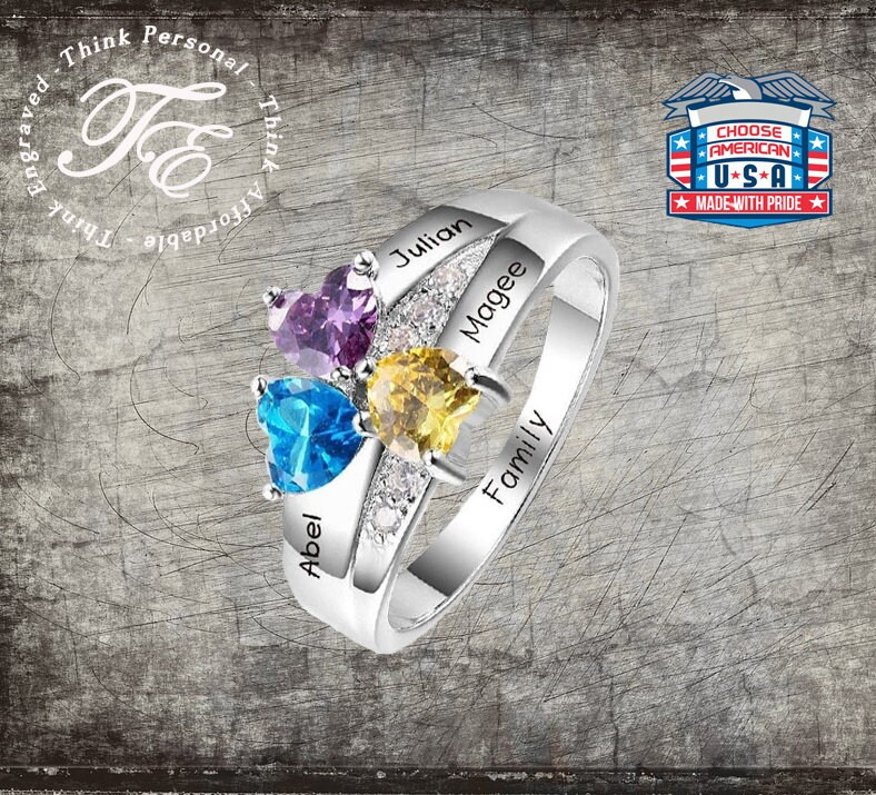 Mother's Family Ring 3 Stone Personalized Engraved 3 Etsy